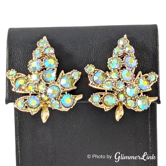 Vintage BSK Aurora Borealis Maple Leaf Gold Tone Ear Climber Clip On Earrings - Picture 3 of 9